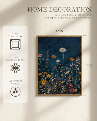 WHASAYART Botanical Floral Canvas Print 12x16 Framed Wildflower Wall Art, Rustic Dark Blue Colorful Flower Artwork, Vibran...
