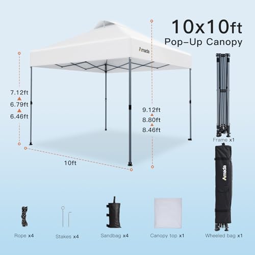 Amada 10x10 Pop Up Canopy - Center Lock One Push Instant Setup Wheeled Gazebo Outdoor Canopy Beach Tent with STO-N-Go Bag ...