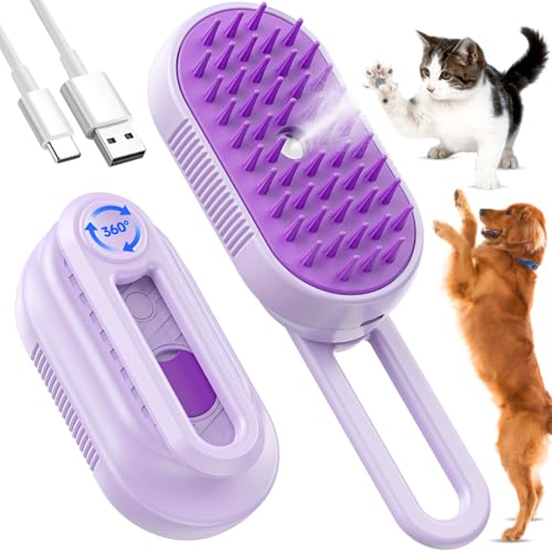 Cat Steam Brush for Shedding, 4-in-1 Rechargeable Pet Grooming Brush for Cats & Dogs, Anti-Static, Massage, Cleaning & Com...