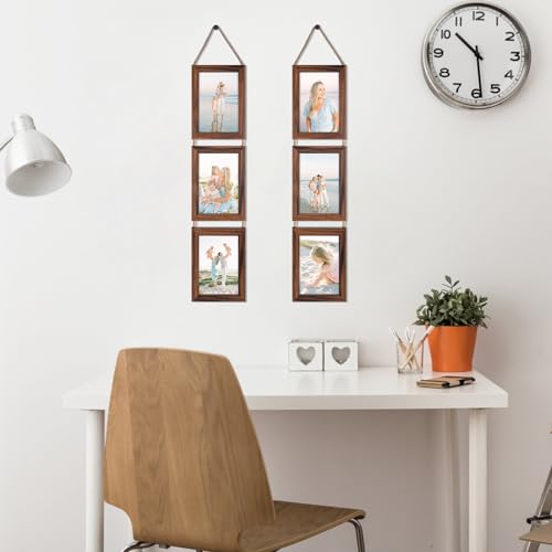 Lavezee 4x6 Collage Triple Picture Frames Set, Walnut Brown 6 Opening Hanging Vertical Frame Made to Display 4 by 6 Inch P...