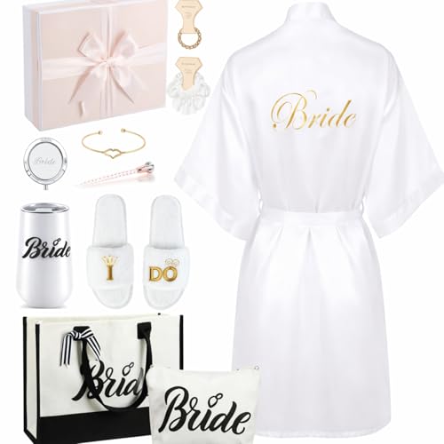 Berlune 14 Pcs Bride Gifts Box Sets Include Short Satin Robes Canvas Tote Bag Stainless Steel Glasses Slippers Wedding Gifts