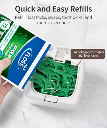 2-Pack Floss Pick Holder and Qtip Holder with One-Touch Opening, Quick Refill for Floss Picks, Cotton Swabs, Balls, Pads -...