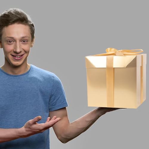 Jaywayang 5 Pack Gold Gift Boxes with Lids, Ribbons and Tissue Papers Square Gift Boxes - 7.1 Inch - Christmas Presents Wr...