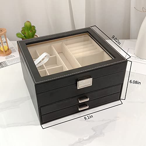 BOOVO Clear Lid Jewelry Box,3 Layers Jewelry Organizer Large Multi-Functional Jewelry Storage Box with 2 Drawers,Jewelry D...