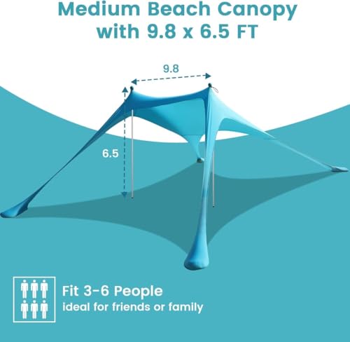 Beach Tent - 9.8 * 6.5 FT Beach Canopy, Portable Beach Tent Sun Shelter UPF50 with 4 Sandbags, 2 Stability Poles Ground Pe...