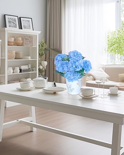 LA.PONEE 6PCS Premium Blue Silk Hydrangea Artificial Flowers Bouquets - Realistic Fake Hydrangea with Stems, Faux Flower A...