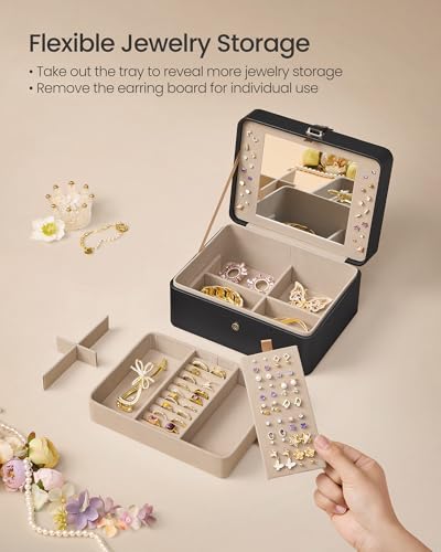 SONGMICS Jewelry Box Organizer with Mirror, 2-Layer Jewelry Holder Case, Removable Tray, 6.9 x 8.7 x 4.3 Inches, Earring N...