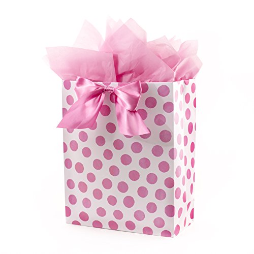 Hallmark 15" Extra Large Gift Bag with Tissue Paper (Pink Polka Dots and Bow) for Birthdays, Easter, Baby Showers, Bridal ...
