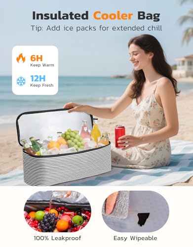 ISEYOU Beach Bag and Cooler Bag Set, 45L Waterproof XXL Foldable Tote with Zipper, 8 Pockets for Pool, Picnic, Travel