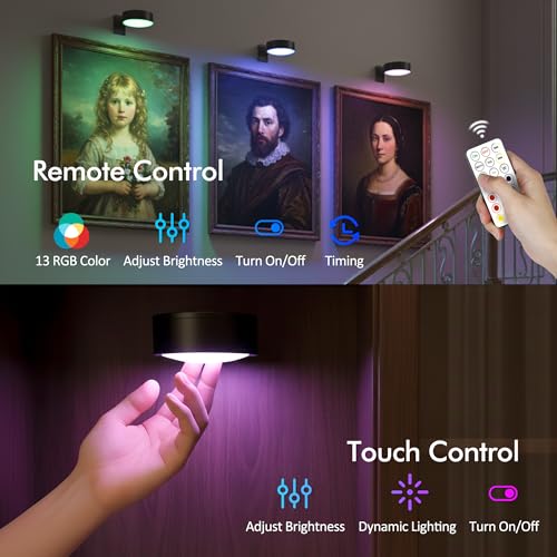 3Pack Picture Lights for Wall, RGB Color Changing Led Art Display Light with Rechargeable Battery Operated, Magnetic Paint...