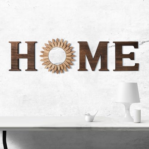 CHIF HAUTH Wood Home Sign with Sunflower Shaped Wood Mirror for O, Thick Letters for Wall Art, Rustic Decor, Farmhouse Hom...
