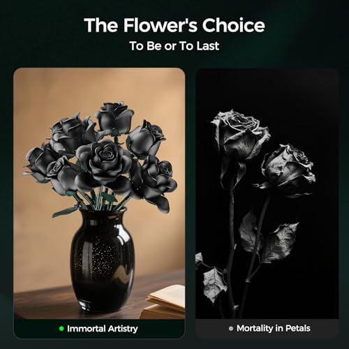 CLMTAS 12 PCS Black Roses Bouquet Building Set, Eternal Artificial Flowers, Gothic Retro Botanical Collection Decor Flowe...