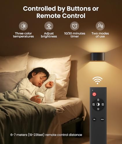FULEN Motion Sensor Wall Light with Remote Control 3 Colors Wireless Wall Lamp LED Indoor Up and Down Wall Sconce 5000mAh ...