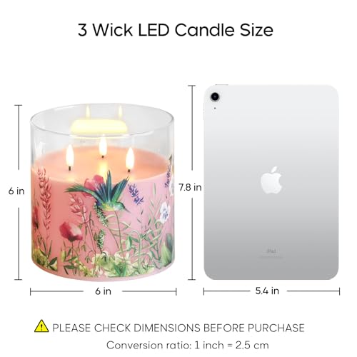 Eywamage 3 Wick Flameless Candle with Remote, Pink Hummingbird Floral Glass LED Candle, Large Battery Pillar Candle Φ 6" H 6"