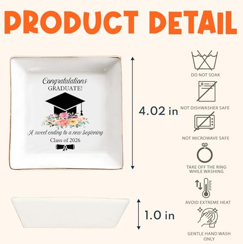 Graduation Gift for Her 2026 – Cap & Flowers Graduate 4" Ceramic Jewelry Dish – Class of 2026 Gift for Daughter, Sister, F...
