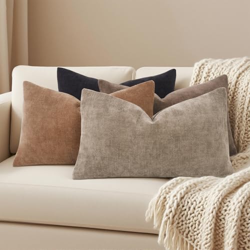 Lunofox Farmhouse Decor Throw Pillow Covers 12x20 Inch Set of 4, Solid Textured Cushion Covers for Couch, Sofa, Bed – Taup...
