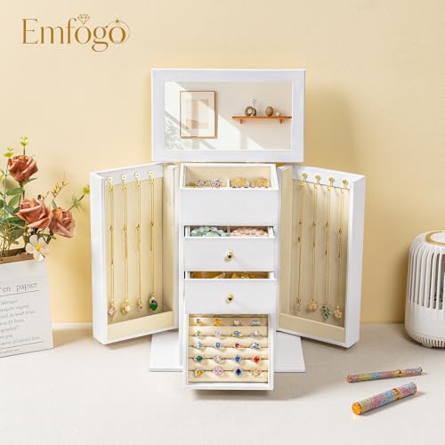 Emfogo Synthetic Leather Jewelry Box Organizer, Large Jewelry Boxes Storage with Mirror Velvet Interior, 4 Tier Jewlery Or...