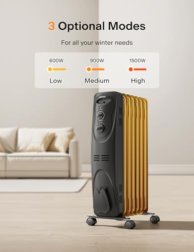 PELONIS Radiator Heater for Large Space, Electric Oil Filled Radiator, Dual Knobs, 1500W, Quiet Space Heater, 3 Modes, Ti...