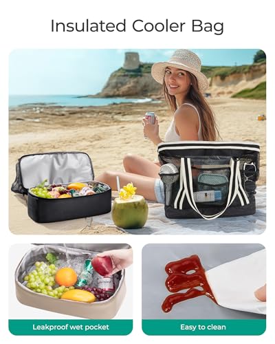 BAGSMART Beach Bag for Women, Mesh Tote Bags with Zipper, Sandproof Vacation Essentials with Cooler for Swim Cruise Pool