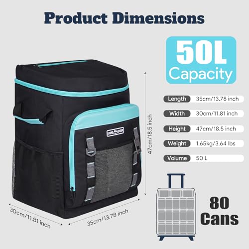 INSMEER Cooler with Wheels and Handle, 80 Cans/50L Rolling Cooler, Portable Soft Sided Cooler with Wheel, 2-in-1 Collapsib...