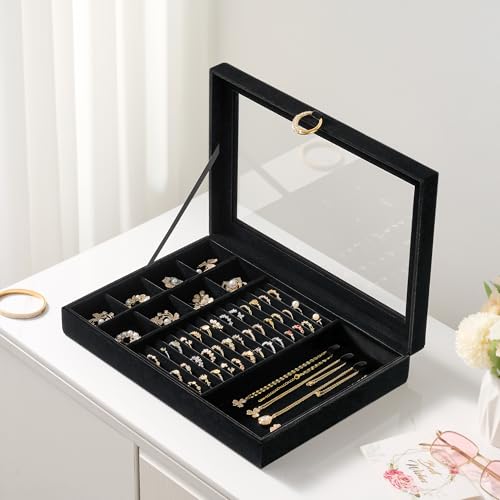bussdis Glass Lid Jewelry Organizer Box – Black Velvet Jewelry Case with Ring Slots, Necklace Hooks & Removable Compartmen...