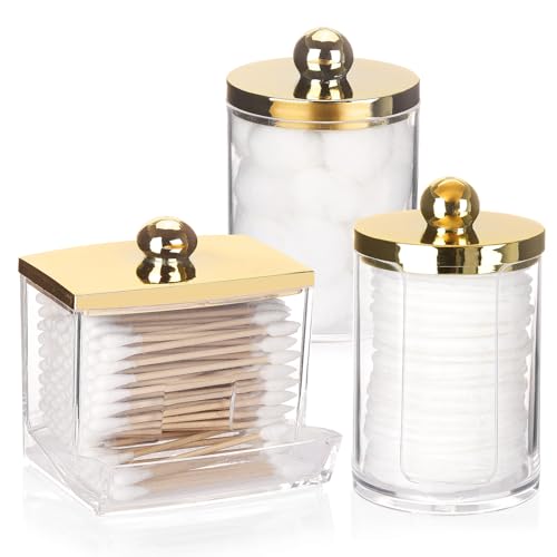 Tbestmax 3 Pack Qtips Dispenser - Bathroom Organizers and Storage Containers, Plastic Apothecary Jars with Gold Lids for C...