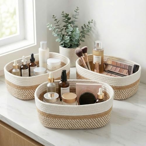Beautiful Storage Basket Set of 3 - Sturdy Cotton Rope Baskets for Shelves Are Perfect for Organizing Your Home - Quality ...
