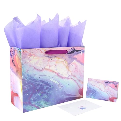 13" Large Purple and Red Gift Bag Set with Greeting Card and Tissue Paper(Marble Design) for Celebrating Birthdays, Mothe...