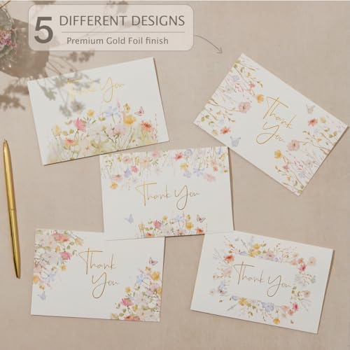 100 Floral Thank You Cards With Envelopes & Stickers - Pretty Wildflower & Gold Foil Assorted Greeting Notes pack for Wedd...