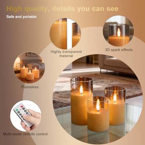 Eynshoo Gold Flameless LED Candles with Remote & Timer, 3-Piece Flickering Pillar Candle Set, Realistic Flame Effect, Adju...