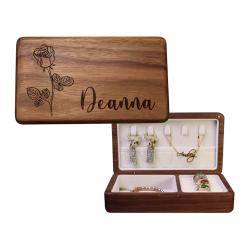 EIFLR Same-Day Shipping, Custom Wooden Jewelry Box Personalized Jewelry Organizer Travel Case With Name and Birth Flower f...