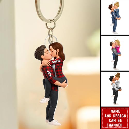 Kissing Couple - Personalized Keychain, Gift For Couple, Custom Name Couple Hugging Kissing Keyring For Anniversary, Husba...