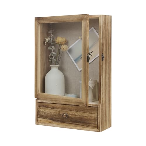 Butizone Shadow Box Frame, 3.2" Deep Shadow Box Display Case with Real Glass and Drawer, Rustic Wood Memory Box for Pictur...
