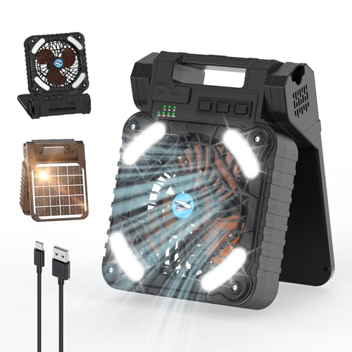 Smiling Shark Camping Fan with LED Lantern, USB Rechargeable Solar Camp Fan with 4 Speeds Powerful Wind & 3 Timer 90° Fold...