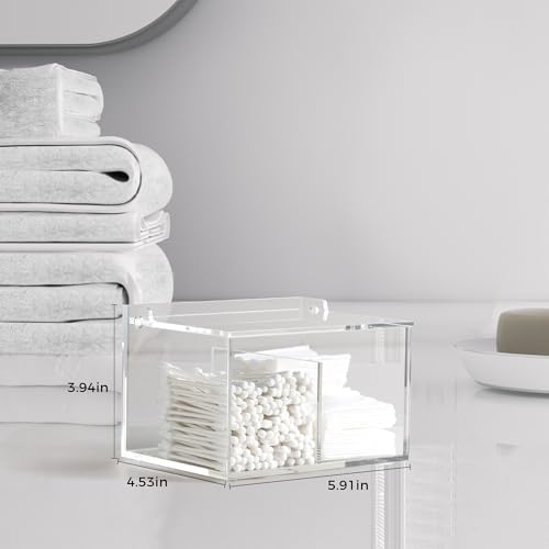 Dealpoli Clear Acrylic Cotton Swab Ball Holder Qtip Organizer with Lid 2-Grid Canister for Make Up Pads, Floss Picks, Vani...