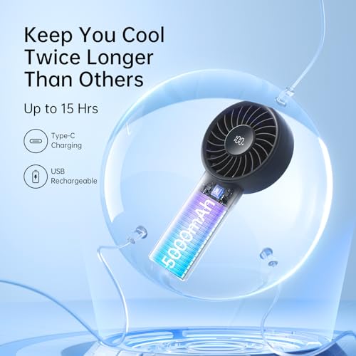 JISULIFE Handheld Portable Fan, Stronger and Longer-Lasting: 5 Speed, 5000mAh Battery, 12-Blade Turbo For Powerful Wider W...