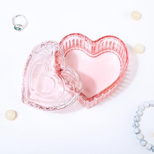 MTJYQYF Vintage Glass Jewelry Box - Heart Shaped Display Box for Storage Ring Earring Trinket Jewelry, Pink Cute Room Deco...