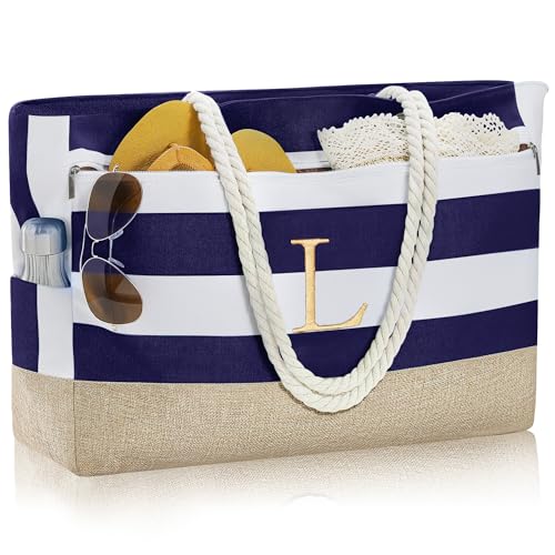 YOOLIFE Large Initial Beach Bag Waterproof Tote Zipper Bag Personalized Gifts for Women Her Birthday Travel Beach Essential