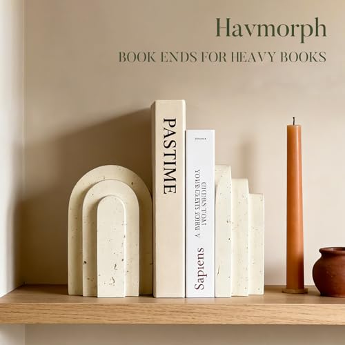 Havmorph Book Ends for Heavy Books, Beige Modern Pleasing Layered Arch Design Aesthetic Bookend Decorative, Concrete Book ...