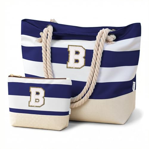 Vavabox Initial Beach Tote Bag for Women, Water-resistant Travel Beach Bag Pool Bag Set, Birthday Gifts for Women Mom