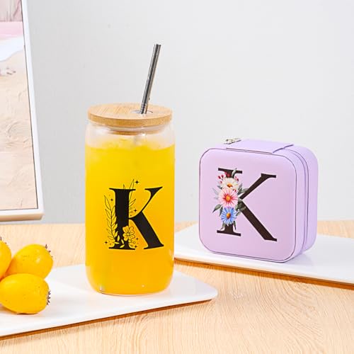 AYGXU Glass Cups with Bamboo Lids and Straws, 16oz, Small Travel Jewelry Case, Initial Glass Cup, Travel Jewelry Organize...