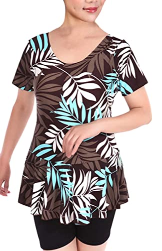 Knaspor Women's One Piece Swim Dress Modest Swimsuit Floral Leaf Print Short Sleeve Swimwear