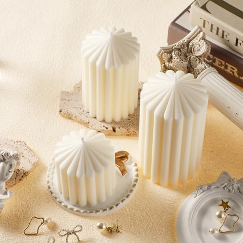 Conelist Set of 3 White Ribbed Pillar Candles Soy Wax Scented Ribbed Candles Includes 2.8, 4.2 and 5.1 Inches Heights Deco...