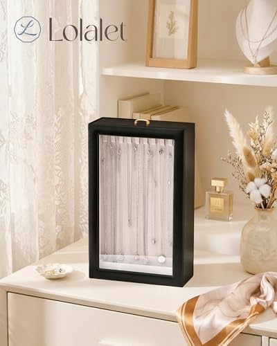 Lolalet Upgraded Double-Sided Hanging Necklace Organizer Box, Jewelry Display Case with Double-Sided Clear Window for Neck...