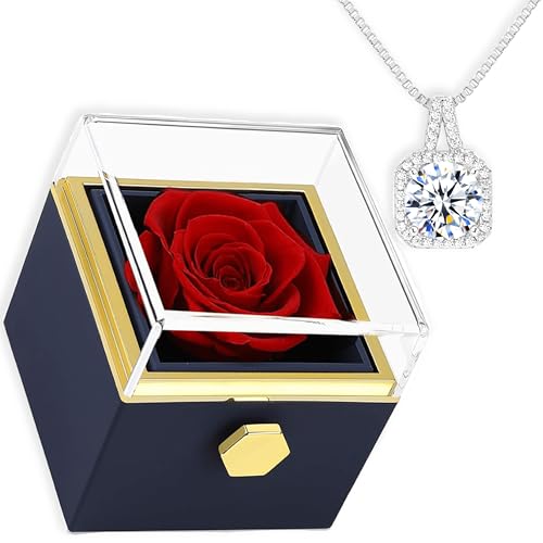 Preserved Real Rose Rotate Box with Love of Diamonds Necklace -Eternal Flowers Rose Flower Romantic Gifts for Mom Wife Gir...