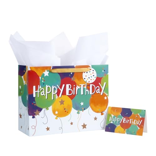 Loveinside Colorful Birthday Gift Bag, Balloons Pattern with HAPPY BIRTHDAY Text, Matching Tissue Paper, Greeting Card and...
