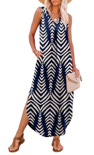 OFEEFAN Maxi Dresses for Women 2026 Loose V Neck Sleeveless Casual Beach Vacation Dress Side Slit Sundresses with Pockets