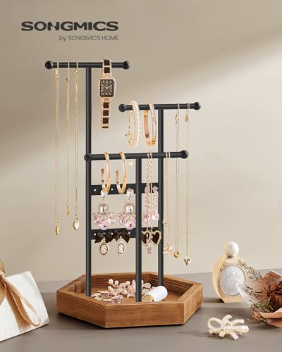 SONGMICS Jewelry Holder, Jewelry Organizer, 3 Tiers and 1 Tray, Jewelry Display Stand with Metal Frame, Necklace Earring B...