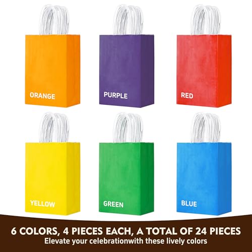 YEEHAW 24 Pack Small Gift Bags 5.8"×3.2"×8.25" Kraft Paper Bags with Handles, Party Favor Bags Bulk for Kids Birthday, Bab...
