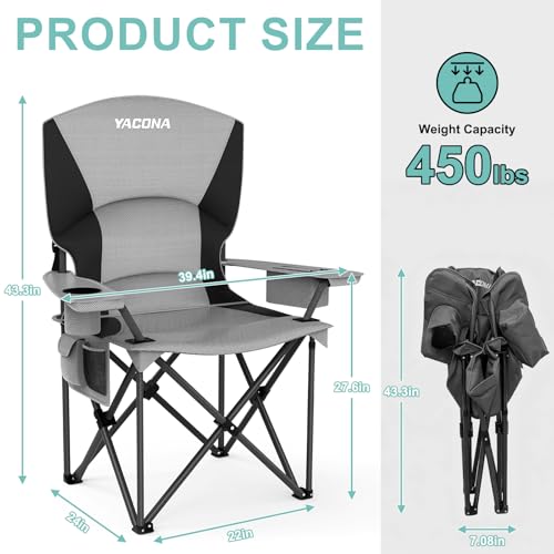 Oversized Camping Chairs 2 Pack - 450lbs Support Folding Camping Chair for Adults w/Padded Back & Arm Sport Chairs, Cup Ho...